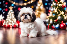 fluffy large eyed happy baby white gold shih-tzu sith lord in the big hall in second death star and view to a star wars planet, and christmas tree and sith gifts, cinematic eye view