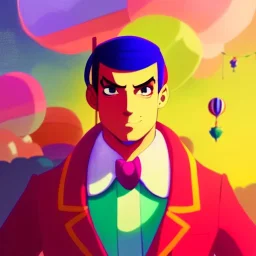 circus, ringleader, Arthur Kulkov, front, handsome, muscular, male, Russian, buff, fantasy, anime, at dawn by atey ghailan, mystical colors, Golden hour, Lisa Frank fantasy