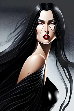 is a tall woman, with long black hair that cascades in waves down her back. She has deep black eyes. She wears black and black clothing, with long flowing capes and dresses.