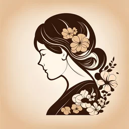 логотип в стиле скетч акварель в виде силуэта девушки с вьющимся с каре портрет в профиль на светло-коричневом фоне оттенка украшенного цветами