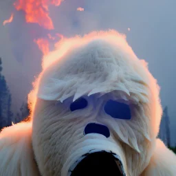 subject = (Yeti in a mask) * (burning yeti), background = (wildfires, flames, mountains, fires, smoke, disaster, burning)