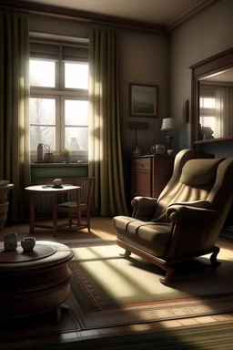 Photorealistic old woman's living room. Tidy and sparsely furnished with a well-loved recliner, sidetable and older tv. The recliner faces the tv. A small stool on wheels sits beside the tv. There is an open window with open drapes. The drapes appear to be hand sewn and tidy.