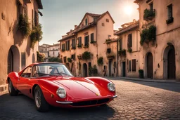 Erstelle ein Bild eines roten Ferraris oldtimer mit einem fotografen nebenan in einer italienischen altstadt, mit der sonne am Horizont, die die Abenddämmerung betont. Der Blickwinkel sollte in der froschperspektive sein damit man das Auto und den fotografen sieht und nicht von vorne, und das Bild sollte in der Heutigen Zeit angesiedelt sein. Das Bild sollte in einem Medium wiedergegeben werden, das die Zeit vor 50 Jahren hervorruft.