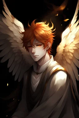 A male angel with red hair, gold eyes, and large white feathered wings that appear burned.