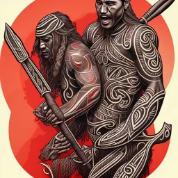 Homme Maori, tatouages tribaux maoris, arc à flèches, océan, lune rouge