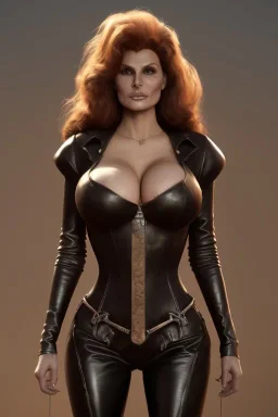 Raquel Welch as evil queen in black leather, leather, busty, cleavage, angry, stern look. character design by cory loftis, fenghua zhong, ryohei hase, ismail inceoglu and ruan jia. unreal engine 5, artistic lighting, highly detailed, photorealistic, fantasy