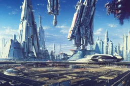 Spaceport on a heavy industrialized planet with a vibrant city in the background and a starting spaceship in the foreground, art by John Berkey, buildings with glass facades, Brutalität architecture, insanely detailed, vibrant, 8k uhd, cinematic atmosphere, ultra-wide angle, street level view, brush strokes, blue sky with clouds, sharp focus, centered