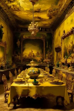 A yellow heavenly kingdom with a glittering palace designed in ancient Egyptian pottery painted by Gustave Courbet