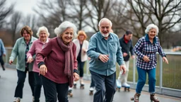 Elderly pensioners on roller skates. Everyone is happy. Photographic quality and detail, award-winning image, beautiful composition. 28mm lens.