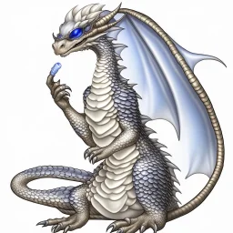 A dragonoid human with silver scales and large glasses along with a long, flexible tail