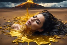 A hyper-realistic photo, beautiful face woman lying on ground disintegrating into gold dripping ink and slime::1 ink dropping in water, molten lava, full body size, 4 hyperrealism, intricate and ultra-realistic details, cinematic dramatic light, cinematic film,Otherworldly dramatic stormy sky and empty desert in the background 64K, hyperrealistic, vivid colors, , 4K ultra detail, , real , Realistic Elements, Captured In Infinite Ultra-High-Definition Image Quality And Rendering, Hyperrealism