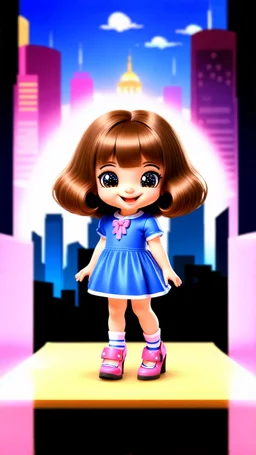 A beautiful, adorable cartoon little girl. curvy shiny hair, large sparkling eyes (like anime or Disney characters), a small face and delicate nose. A happy, innocent expression with a small smile standing in modern city open stage with prettyy shoes. Clean design, vibrant and warm colors, modern studio animation style, 4K quality.