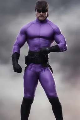 Kent Walker aka THE PHANTOM, Strong, athletic physique, Flexing poses, skin-tight, formfitting purple nylon-leather bodysuit, skin-tight, formfitting purple cowl, black utility belt, double holstered pistol belt, black knee-high boots, glowing white eyes, battle scars, blood, ((foggy, cloudy background, multicolored lightning, flowing lava, Full Eclipse, aliens, explosions, bright, vibrant, extremely colorful, detailed, blood red skies))