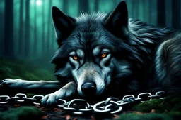 sad small scruffy wolf with a chain around its neck laying down eyes closed, photorealistic, dark fantasy, forest