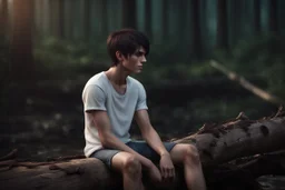 thin 17 year old male with short dark hair and blue eyes wearing a ripped and dirty white teeshirt sitting on a log , photorealistic, 4k, dark fantasy