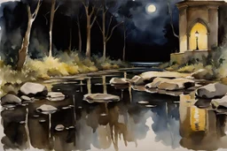 Night, rocks, puddle, gothic horror movies influence, puddle, epic, john singer sargent watercolor paintings