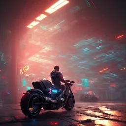 cyberpunk far way man in kaneda bike,robotic arm, highly detailed global illumination, detailed and intricate environment, octane