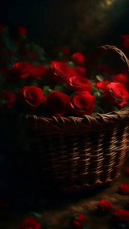 Bosch nightmares paining style Title:a basket full of colourful red roses , 8k artistic photography, photorealistic concept art, soft natural volumetric cinematic perfect light, chiaroscuro, award-winning photograph, masterpiece, oil on canvas, Raphael, Caravaggio, Greg Rutkowski, people, beksinski, Giger