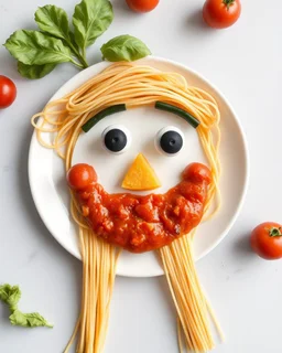 Made a craft a face made by spaghetti and vegetables toping sauce