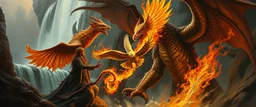 phoenix octopus bird witch god bear dragon waterfall looks beyond really powerful slapping a bird in the face with fire, fantasy illustration, in the style of Rembrandt