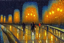 Night, futuristic buildings near trees, highway, people, sci-fi, realistic vision, impressionism painting