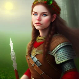 Halfling, woman, full body, red braid hair, adventurer, green eyes, magic