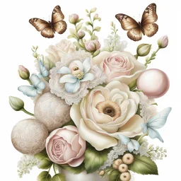 a stunning pale colors flower bouquet with lace chocolate balls and very cute little floating, clinging fantasy creatures between the flowers, high cualtiy, detailed, sharp focus, fantasy, nice flowers, photorealistic, masterpiece