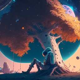 A lonely astronaut sits under the shade of an old tree on the edge of a planet. He looks at a beautiful galaxy. And he is thinking while waiting for his love. The sky is full of space balloons.4k, high resolution. full detail. digital art, anime.