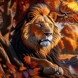 Animated drawing of a hyper-detailed hyper-realistic lion fall river trees 4k