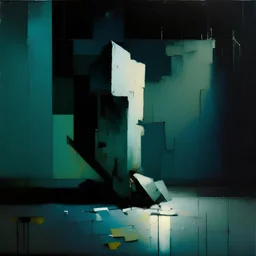 Minimal abstract oil paintings concrete fragments illuminated at night style of Justin Mortimer