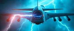pinhole cam, airbrush 3d rendering,,A futuristic airplane seen from the side. A glowing transparent lightning tube is mounted horizontally across the rear of the aircraft, perpendicular to the fuselage, like a crosswise energy reactor. Blue-white lightning inside the tube. Cinematic, realistic, industrial sci-fi.