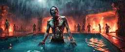 Hyper Realistic male zombie pool party at heavy rainy night inside a burning castle