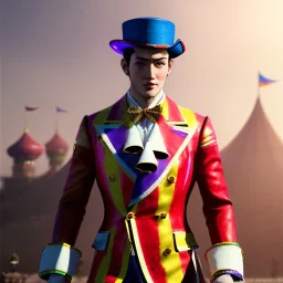 circus, ringleader, front, handsome, male, Russian, fantasy, anime, yoji shinkawa dreamscape, fenghua zhong, mystical colors, Golden hour, Lisa Frank fantasy