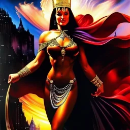 portrait oil on canvas,'And the woman which thou sawest is that great city, which reigneth over the kings of the earth',comic book cover, mystical colors,insanely detailed,realistic,intrincate detail, 16k resolution, masterpiece,Simon Bisley,Frank Frazetta,Alex Horley,ARTHUR ADAMS