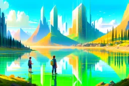 Sunny day, distant modern city, lake, lake reflections, people, mountains, sci-fi