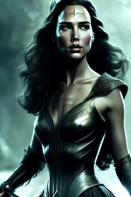 gasl gadot as evil queen in black leather gown, angry, stern look, volumetric lighting, particales,highly detailed,cinematic, deep colours,8