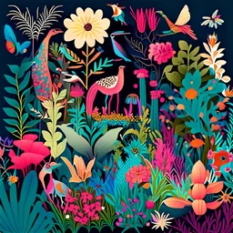 Illustrate a vibrant garden blooming with diverse flora and fauna, representing creativity and inclusivity. Show different species of plants and animals coexisting harmoniously, symbolizing the value of diversity and inclusion in fostering creativity.