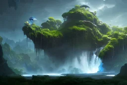 Art by Dylan cole and Eddie mendoza, Avatar concept art, pandora, hovering island with waterfall, landscape, ultra-wide angle, ultra realistic, digital painting, 8 k uhd, volumetric lighting, beautiful, sharp focus, ultra detailed, concept art, studio quality