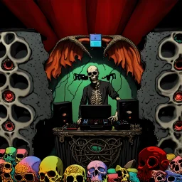 DJ of the damnded, insanely detailed DJ booth in hell, MID set, speakers and equipment made of bone, anatomically correct,