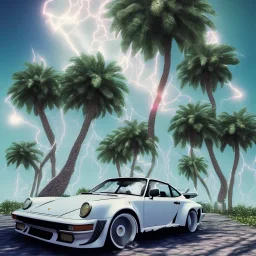 1980's aesthetic vaporwave palm trees and spheres and Porsche with lightning