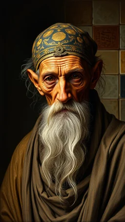 master oil painting by Rembrandt, realistic rendering Portrait of the Apkallu sage who were sent by the god Ea to teach civilization to humanity before the flood. They were depicted as half-human and half-fish or bird, and were associated with wisdom, magic, and culture. blurred tile pattern background, brightened edges to give a sense of depth