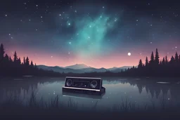 A calming night sky with featuring a cassette tape floating among the stars, playing lo-fi beats.