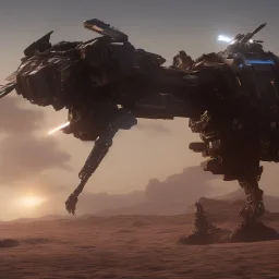 Armored Core machine robot fights another Armored Core fly in the sky in the desert with the ocean where you can see the space in the sky with the twilight on the horizon, 4k resolution