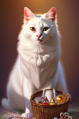 An adorable white smiling cat holding a basket of jewels and gems. His fur is realistic. The background is a romantic carpet bokeh digital painting extremely detailed studio lighting crisp quality and light reflections 8k cinematic lighting portrait photorealistic ultra detailed cinematic postprocessing focused