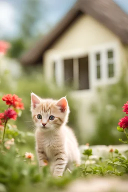 cute kitten in a garden with a house in the background