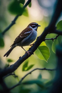 a sparrow sitting on top of a tree branch surrounded by green spring leaves, crepuscular , a snake on the branches crawling behind the bird ,lighting, unsplash photography, BOKEH shot style of time-lapse photography, fujifilm provia 400x, 100mm lens, luminous shadows, renaissance-inspired , home and garden, wildlife nature photography, HDRI.