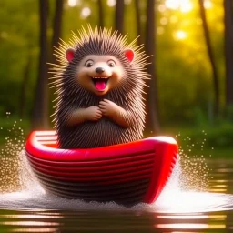 cute blessed freedom statue porcupine jumping in a rubber boat in the river,catching a big fish in a river stream, 8k, downlight, soft light, depth of field, photorealism, trending on art station, lotsa detail