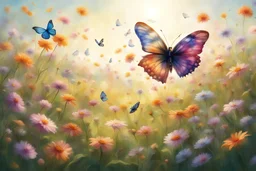 Generate an image of Spindle chasing after a colorful butterfly in a sunlit meadow filled with blooming flowers. Show Spindle and the butterfly playing together joyfully, with petals swirling around them. Convey a sense of freedom and happiness in their interaction.