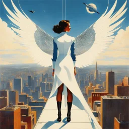 [art by Norman Rockwell] In a world where the sky is the new frontier, “AeroDynamica” emerges as the embodiment of progress and freedom. This digital artwork captures a futuristic girl, her silhouette sleek against the cityscape, with wings that are a marvel of bioengineering. They unfurl with a grace that belies their intricate design, a fusion of organic curves and cutting-edge technology. “AeroDynamica” is not just a figure; she’s a statement about the potential within us all to