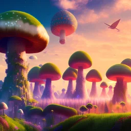 landscape 8k ultra realistic, beautiful, dwarfs in hippie clothes, trippy shiny mushroom city in dark colors, in a pastel style, willow, cave